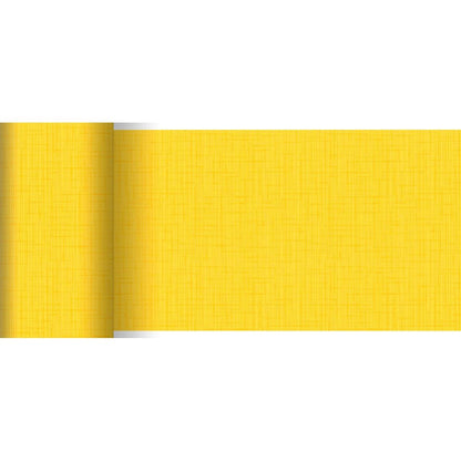 A Duni GmbH 20 m x 15 cm-es Dunicel asztali futója sárga színben, finom rácsszerű struktúrával és matt felülettel részben kigurítva fehér alapon. Ideális finom, keresztezett vonalakkal rendelkező asztaldekorációkhoz.