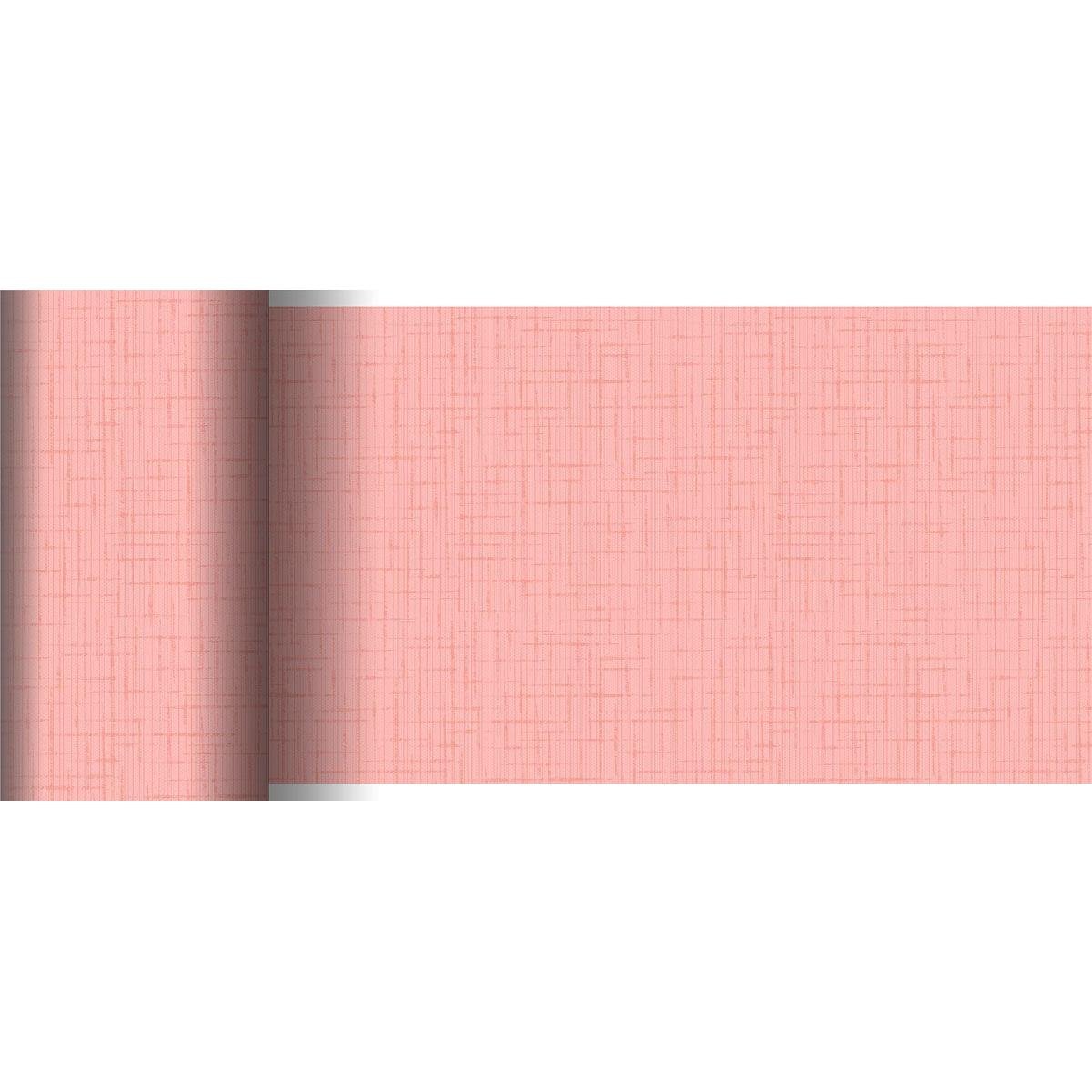 A Duni GmbH rózsaszín Dunicel asztali futója (20 m x 15 cm) finom vonalas mintával és strukturált rácsos megjelenéssel rendelkezik - tökéletes kreatív asztaldekorációhoz. Mind a feltekert, mind a kigurított nézet sík felületen látható.