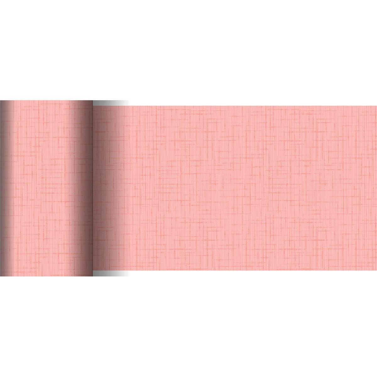 Der Duni GmbH Dunicel-Tischläufer (20 m x 15 cm) in Rosa hat ein dezentes lineares Muster und eine strukturierte Gitteroptik - perfekt für kreative Tischdekoration. Sowohl die gerollte als auch die ausgerollte Ansicht werden auf einer flachen Oberfläche gezeigt.