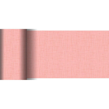 A Duni GmbH rózsaszín Dunicel asztali futója (20 m x 15 cm) finom vonalas mintával és strukturált rácsos megjelenéssel rendelkezik - tökéletes kreatív asztaldekorációhoz. Mind a feltekert, mind a kigurított nézet sík felületen látható.