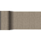 Eine Rolle Dunicel-Tischläufer 20 m x 15 cm der Duni GmbH mit strukturierter beiger Oberfläche und dezentem braunen Kreuzschraffurmuster wird auf weißem Untergrund partiell ausgerollt - ideal für eine elegante Tischdekoration.