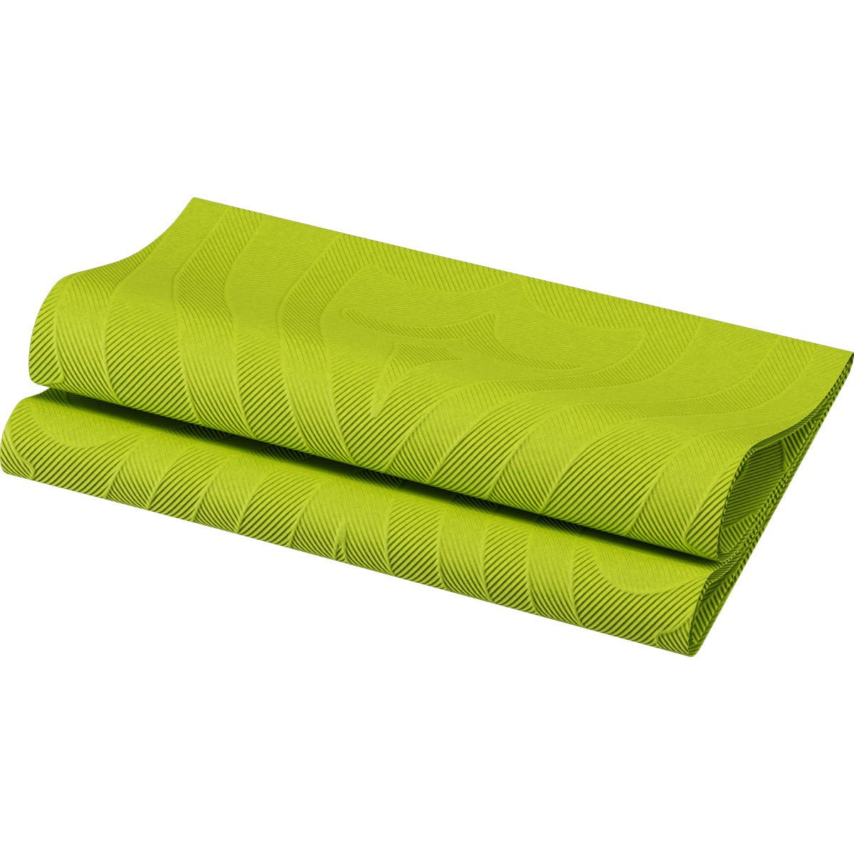 Egy csomag Elegance szalvéta 40x40 cm-es Lily Kiwi a Duni GmbH-tól élénk zöld színben és kiváló minőségű kivitelben, részben összehajtva, fehér háttérrel ábrázolva.