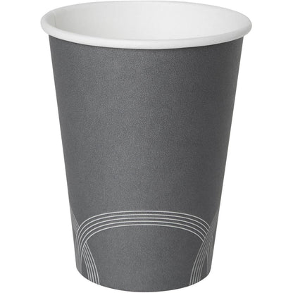 A szürke Circuit Kaffeebecher Bedruckt PAP/PE a Duni GmbH-tól fehér belsővel és egy egyszerű, fehér, ívelt vonallal rendelkezik az alsó részen, amely egyszerű fehér háttér előtt áll.