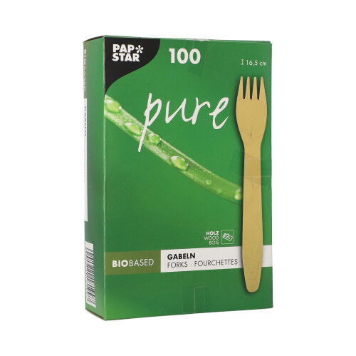 Eine grüne PAPSTAR-Schachtel mit der Aufschrift "pure" enthält 100 umweltfreundliche, stabile Holzgabeln (16,5 cm); die Marke PAPSTAR GmbH steht oben links und ein Holzgabelbild erscheint auf der rechten Seite der Faltschachtel.