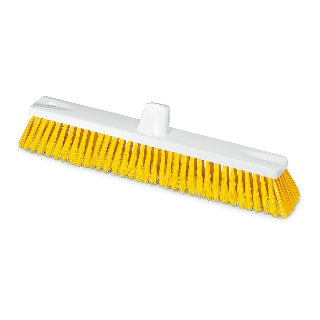 A Nölle Profi Brush HACCP nagyméretű seprű a Nölle Profi Brush Bürsten- & Pinseltechnik e.K.-tól fehér műanyagból és élénksárga puha sörtékből (0,25 mm) áll, központi lyukkal a nyélrögzítéshez, egyszerű fehér háttéren ábrázolva.