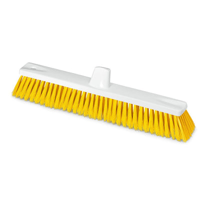 A Nölle Profi Brush HACCP nagyméretű seprű a Nölle Profi Brush Bürsten- & Pinseltechnik e.K.-tól fehér műanyagból és élénksárga puha sörtékből (0,25 mm) áll, központi lyukkal a nyélrögzítéshez, egyszerű fehér háttéren ábrázolva.