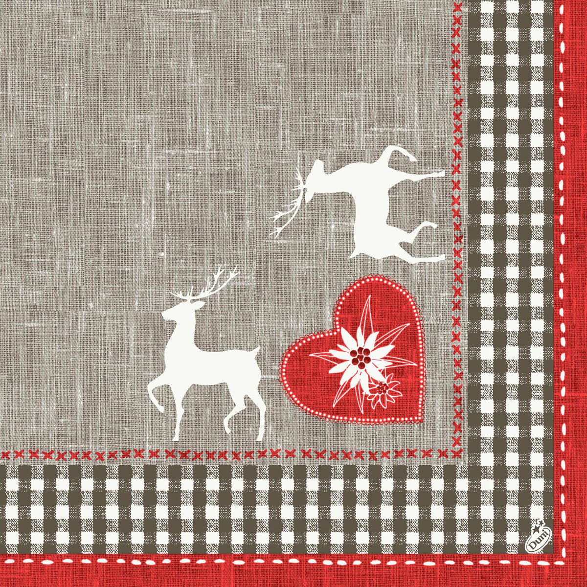 Egy textilminta két fehér szarvassal, egy piros szívvel, virággal és barna-fehér gingham szegéllyel - lenvászon hatású minta, tökéletes a Duni GmbH 40 x 40 cm-es 1/4 hajtású Dunisoft szalvétákhoz.