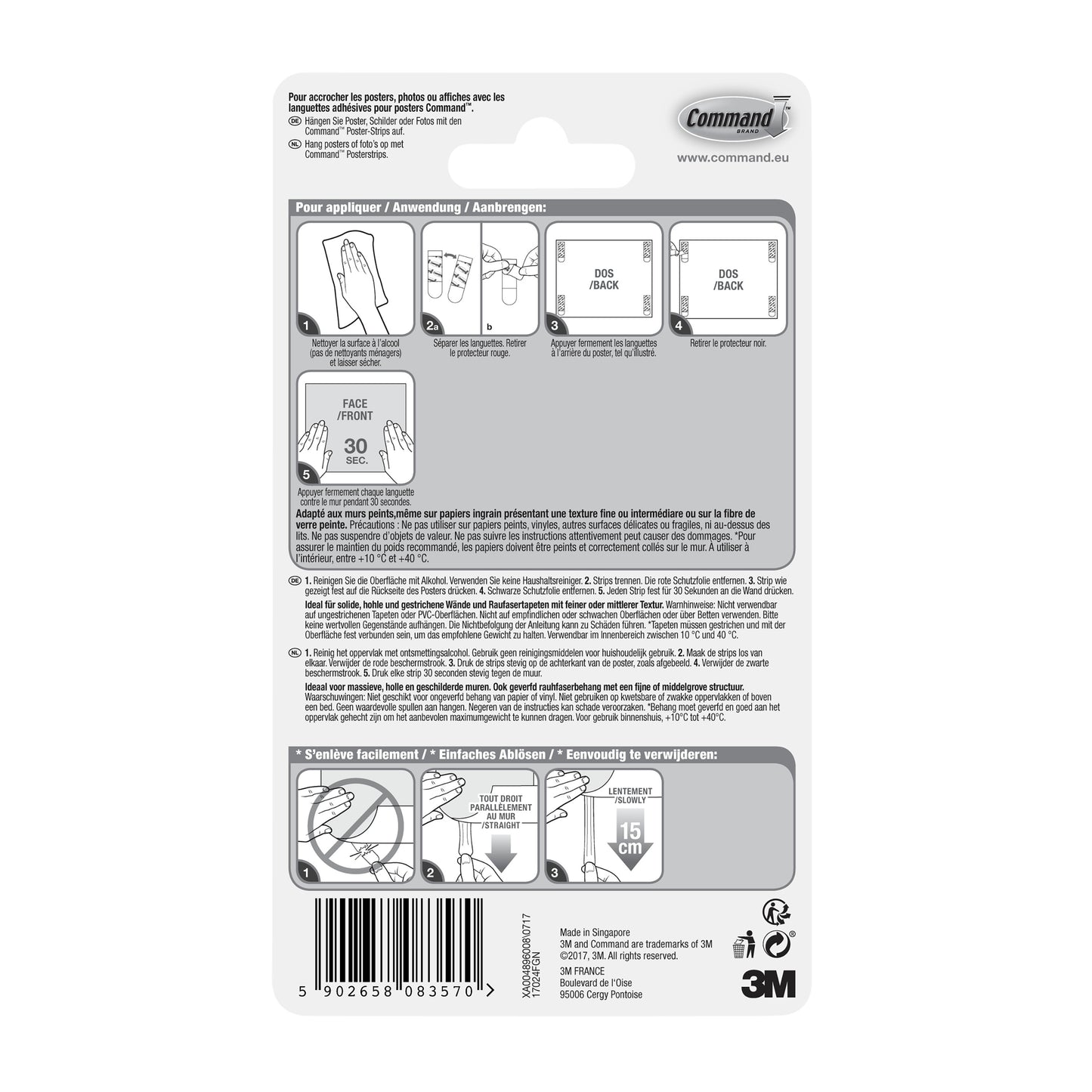 Rückseite einer Packung Command™ Poster-Strips 17024 von 3M Deutschland GmbH mit bebilderter Schritt-für-Schritt-Anleitung für rückstandsfreies Befestigen und Poster befestigen in mehreren Sprachen, mit Diagrammen, Barcode und 3M Branding unten rechts.