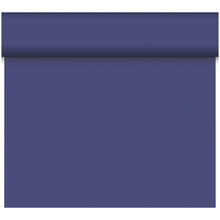 Der Dunicel-Tischläufer Tête-à-Tête von Duni GmbH (24 m x 0,4 m, 20 Abschnitte) besteht aus festem, mattem, tiefblauem Material mit glatter Struktur - perfekt für elegante Tête-à-Têtes oder stilvolle Tischdekorationen.