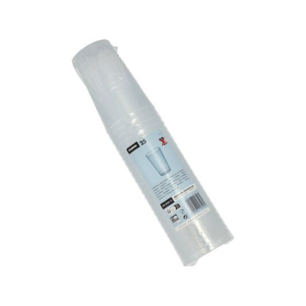 Egy műanyagba csomagolt csomag átlátszó, törhetetlen eldobható poharakból, a „Starpak többször használatos műanyag pohár (PP) 0,3 l Ø 7,8 cm · 11,8 cm” felirattal 25 darabot tartalmaz. A címke újrahasznosítási szimbólumokkal és vonalkóddal van ellátva, a poharak függőlegesen vannak egymásra helyezve a csomagolásban.