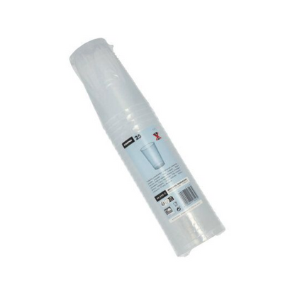 Egy műanyagba csomagolt csomag átlátszó, törhetetlen eldobható poharakból, a „Starpak többször használatos műanyag pohár (PP) 0,3 l Ø 7,8 cm · 11,8 cm” felirattal 25 darabot tartalmaz. A címke újrahasznosítási szimbólumokkal és vonalkóddal van ellátva, a poharak függőlegesen vannak egymásra helyezve a csomagolásban.