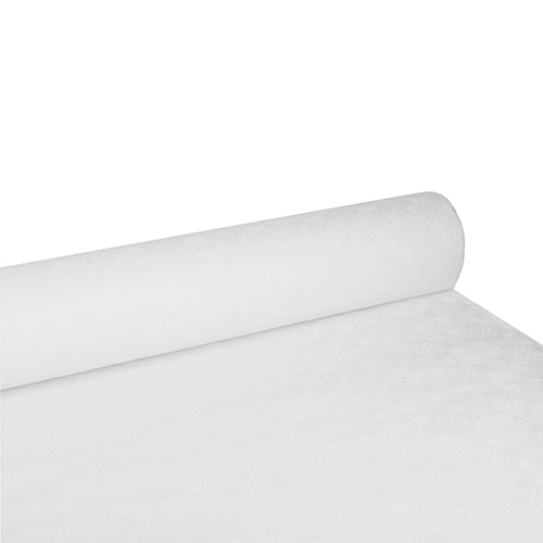 A PAPSTAR papírasztalterítő damaszt dombornyomással fehér színben (100 m x 1,2 m), a PAPSTAR GmbH-tól, egy sík felületen részben kiterítve látható, ahol a finoman strukturált damasztminta látható.