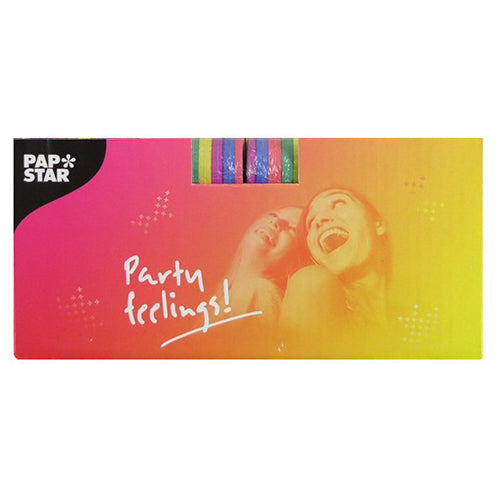Egy rózsaszín-sárga téglalap alakú csomagolás a PAPSTAR GmbH-tól két mosolygó nőt, "Party érzés!" feliratot és egy ablakot mutat PAPSTAR 3 szerpentin 4 m-rel - kiváló minőségű dekoráció 3 darabos csomagban - élénk csíkokkal.