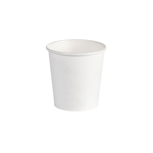 Egy fehér kávésbögre PAP/PLA anyagból, a Duni GmbH-tól, 120 ml űrtartalommal látható fehér háttéren; a csomag 45 darabot tartalmaz.