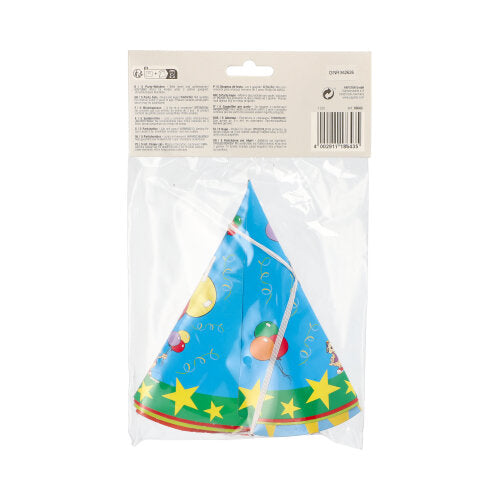 In einer Klarsichtverpackung der PAPSTAR GmbH sind fünf bunte, kegelförmige Partyhütchen „PAPSTAR 5 Hütchen“ mit festlichem Motiv enthalten, auf dem oberen Etikett sind eine Gebrauchsanweisung und ein Barcode angebracht.