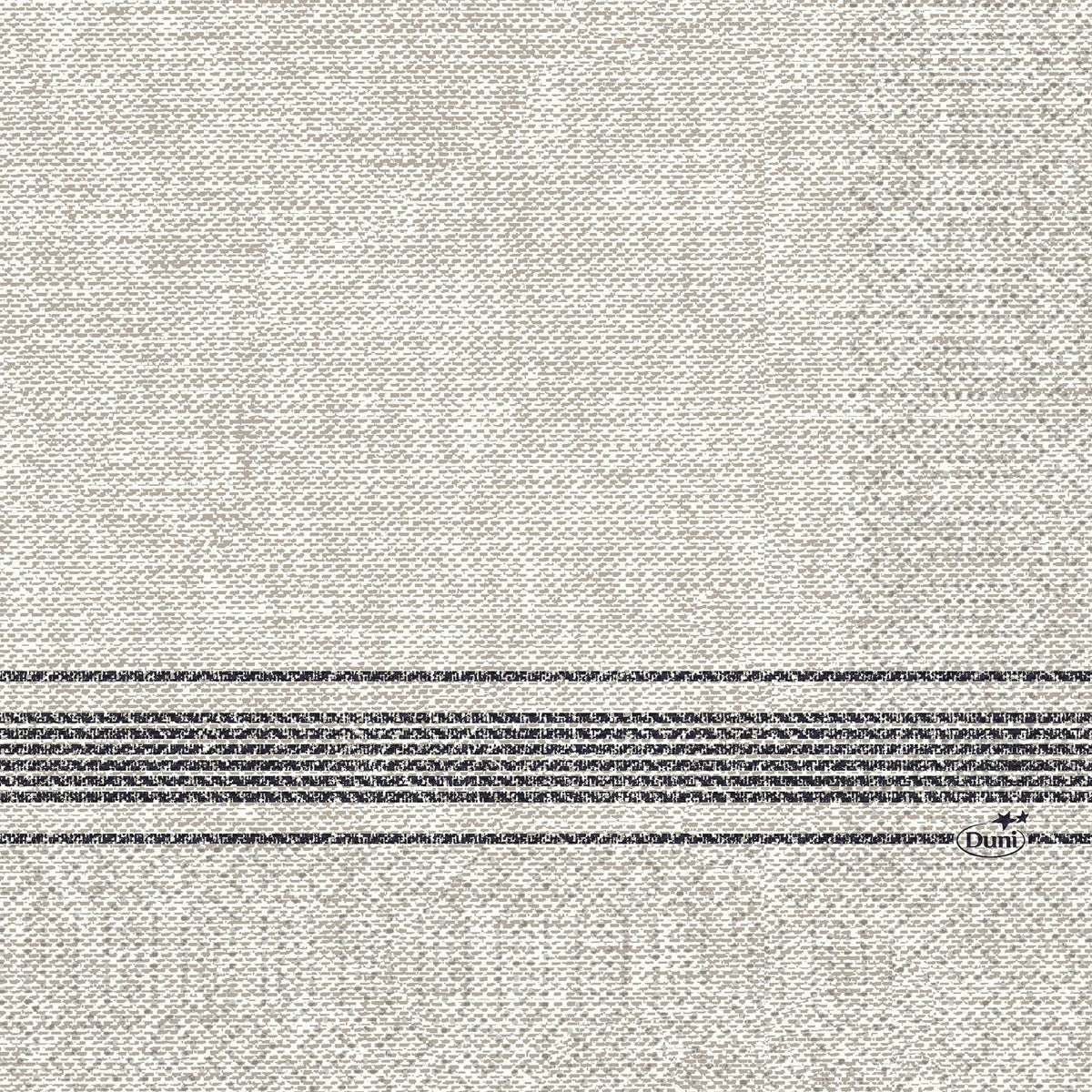 A Duni GmbH által gyártott 33 x 33 cm-es, 3 rétegű, 1/4 hajtású fekete Cocina szalvéták bézs színű, strukturált anyaggal rendelkeznek, az alsó részen vízszintes sötétszürke csíkokkal és a "Duni" felirattal a csíkos területen. A csomag 250 darabot tartalmaz.