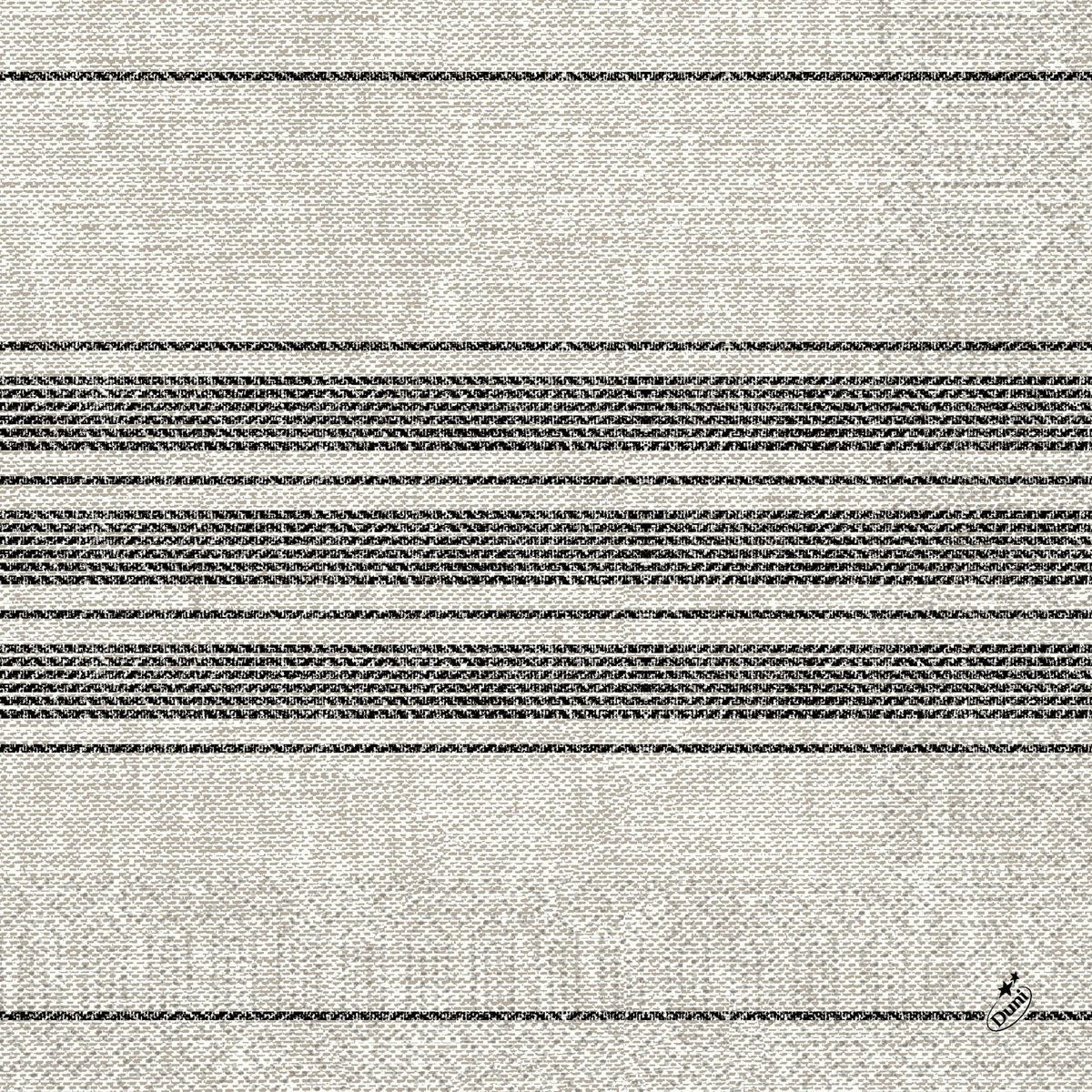A Duni GmbH papírszalvétái (40 x 40 cm, 3 rétegű, 1/4 hajtás) világos bézs háttérrel és több fekete keresztcsíkkal rendelkeznek. Egy kis felirat található a jobb alsó sarokban. 250 darabos csomagban kapható Cocina fekete néven.