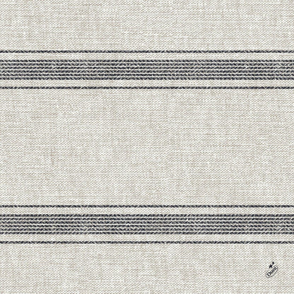 A Duni GmbH Klassikservietten 40 x 40 cm-es, 4 rétegű, dombornyomott 1/4 hajtású egy bézs színű szalvéta szövött struktúrával, két sor három sötétszürke csíkkal és egy kis logóval a jobb alsó sarokban.