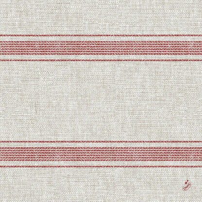 A Duni GmbH Klassikservietten 40 x 40 cm szalvéták bézs színű szövött mintával, két párhuzamos piros keresztcsíkkal és egy kis piros hímzéssel rendelkeznek a jobb alsó sarokban. A minta egyszerű és szimmetrikus.