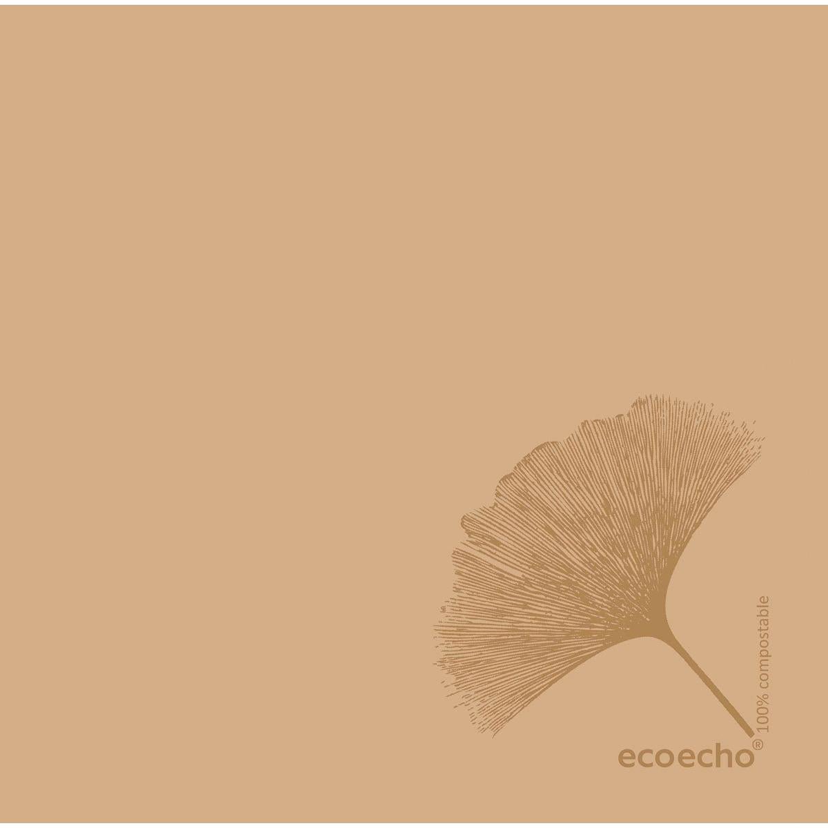 Minimalista kép egy egysoros ginkgo levéllel jobb alsó sarokban, "ecoecho" felirattal, világosbarna háttéren - ideális a Duni GmbH 40 x 40 cm-es 1/4 hajtású Dunisoft szalvétákhoz vagy más kiváló minőségű szalvétákhoz.