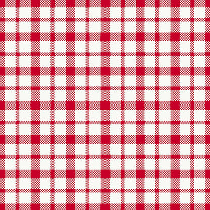 Piros-fehér kockás minta egyenletes vonalakkal négyzeteket és téglalapokat alkot ezeken a kiváló minőségű Duni GmbH 40 x 40 cm-es 1/4 hajtású Dunisoft szalvétákon.