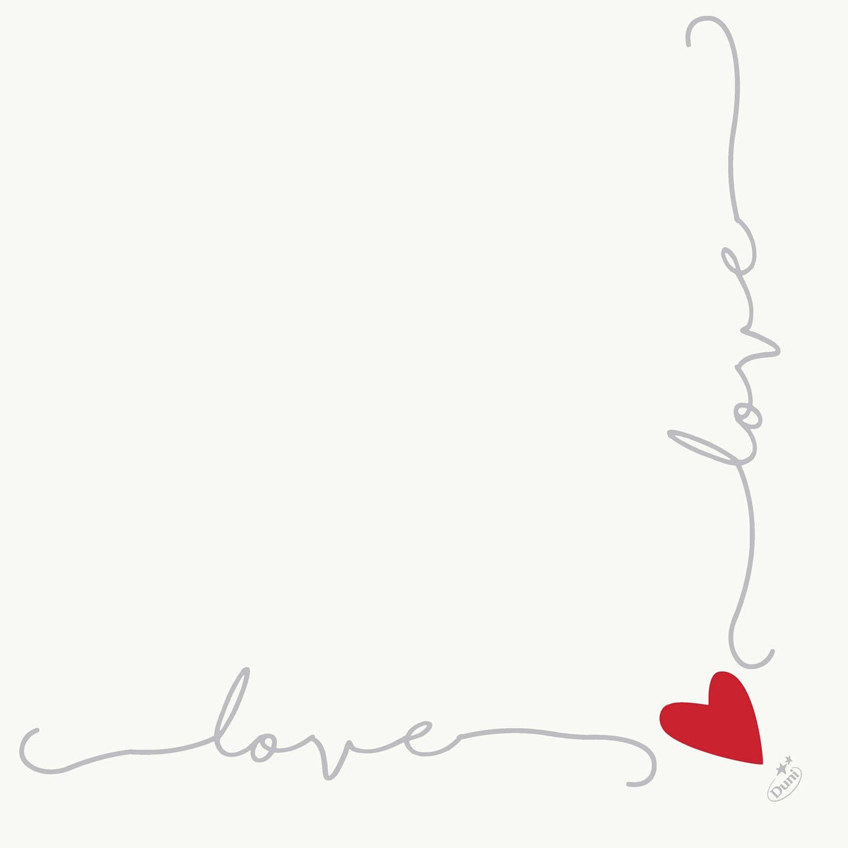 A Duni GmbH 40 x 40 cm-es 1/4 hajtású Dunisoft szalvétái minimalista dizájnnal rendelkeznek: "love" szürke kézírással két oldalát képezi egy négyzetnek, piros szívvel a sarokban, egyszerű fehér háttéren.