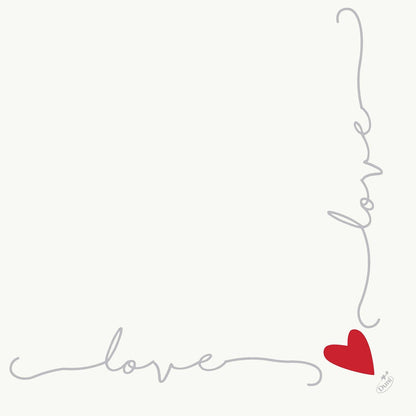 A Duni GmbH 40 x 40 cm-es 1/4 hajtású Dunisoft szalvétái minimalista dizájnnal rendelkeznek: "love" szürke kézírással két oldalát képezi egy négyzetnek, piros szívvel a sarokban, egyszerű fehér háttéren.