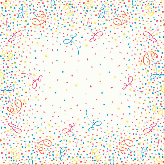 Der Auslaufartikel: Dunicel-Mitteldecken 84 x 84 cm Confetti von Duni GmbH zeigt eine lebendige Bordüre aus buntem Konfetti, Sternen und Wirbeln - ideal für die Tischdekoration mit Rot, Blau, Gelb, Grün und Orange auf strahlendem Weiß. Packung mit 20 Stück.