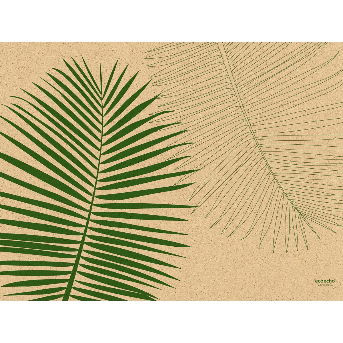Két pálmalevél bézs háttéren díszíti a Duni GmbH papír asztalterítőjét (30x40 cm) - ideális ünnepekre. A csomag 250 darabot tartalmaz; "ecoecho" a jobb alsó sarokban található.