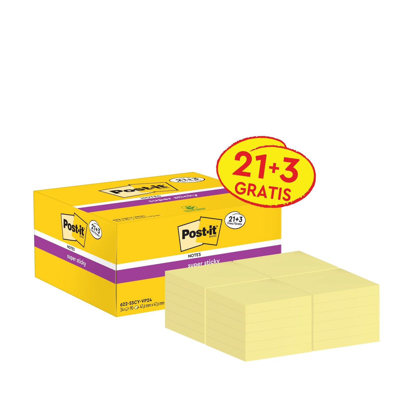 Egy sárga doboz 3M Post-it® Super Sticky Notes, sárga (47,6 x 47,6 mm), PEFC-tanúsítvánnyal, "21+3 ingyenes" címkével a 3M Deutschland GmbH-tól; előtte több sárga jegyzetlap van felsorakoztatva.