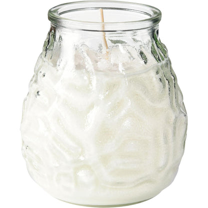 Die Kerzengläser Venezia der Duni GmbH (ca. 70h, 100 x 100 mm) haben eine klare, strukturierte Oberfläche, weißes Wachs und einen einzelnen Docht in der Mitte - ein elegantes Accessoire, das auch als dekorative Kerze dient.