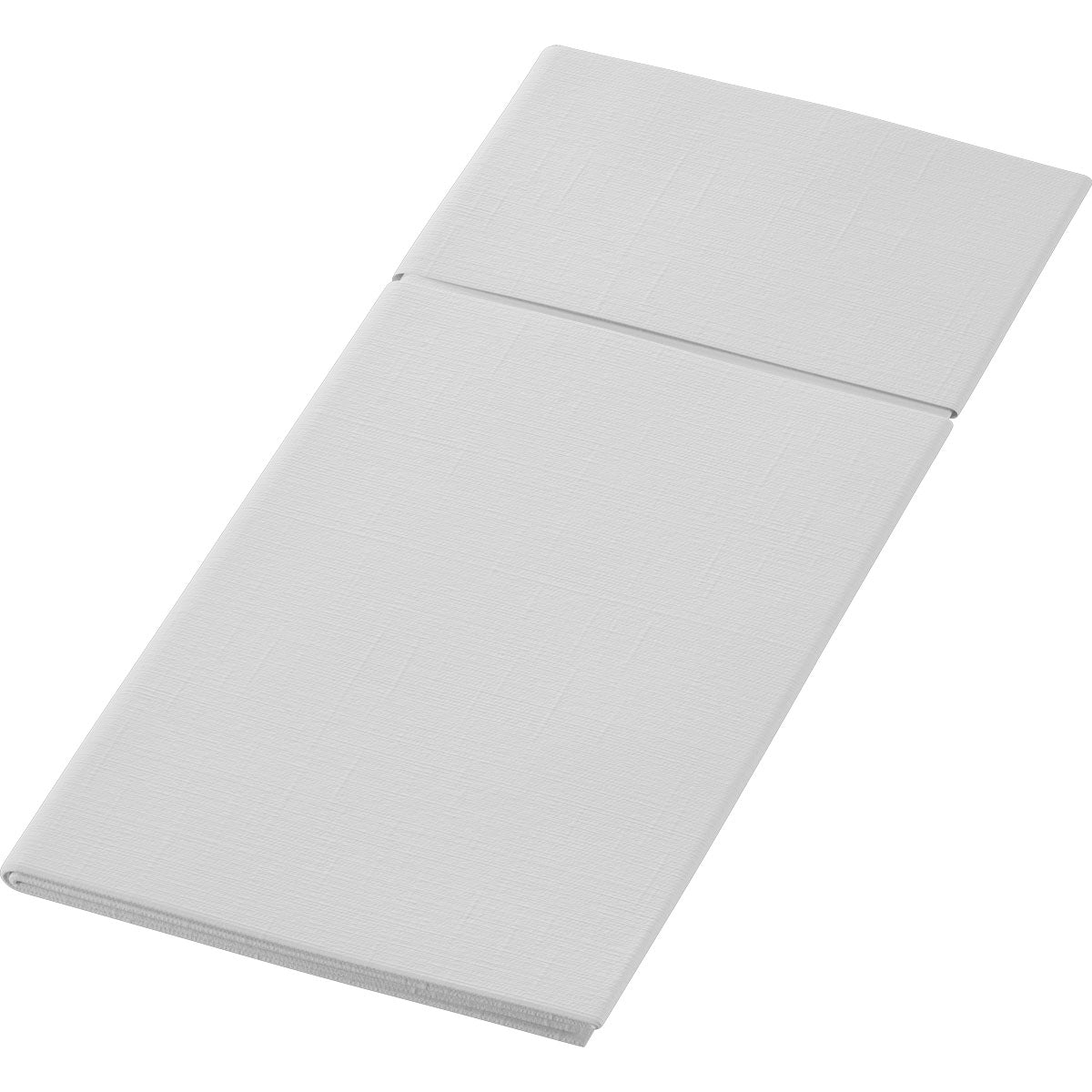 Egy fehér, téglalap alakú, 480 x 400 mm-es Duniletto a Duni GmbH-tól egy egyszínű háttéren hajtogatva látható. Finoman strukturált anyaga látható vonalakkal elegáns kiegészítővé teszi minden megterített asztalhoz.