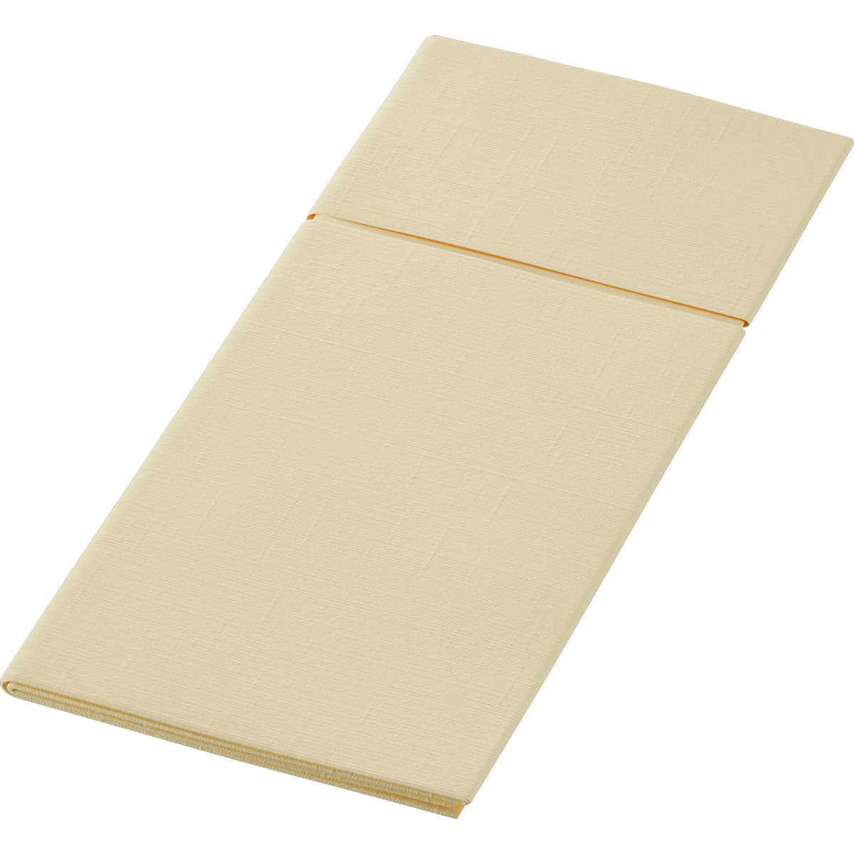 A Duni GmbH 480 x 400 mm-es Dunilettoja egy hajtogatott, téglalap alakú, bézs alátét vagy párna, amelyet egy hajtás két részre oszt - ideális stílusos asztali kiegészítőként vagy evőeszköztartóként, itt fehér háttéren.