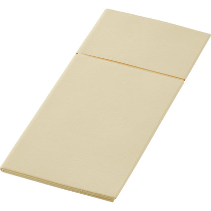 A Duni GmbH 480 x 400 mm-es Dunilettoja egy hajtogatott, téglalap alakú, bézs alátét vagy párna, amelyet egy hajtás két részre oszt - ideális stílusos asztali kiegészítőként vagy evőeszköztartóként, itt fehér háttéren.