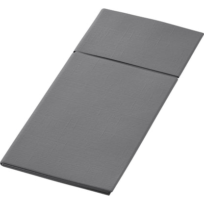Fehér alapon egy hajtogatott, téglalap alakú, szürke 480 x 400 mm-es Duniletto a Duni GmbH-tól, amely finom struktúramintával rendelkezik, és egyesíti egy kiváló minőségű asztali kiegészítő formáját és eleganciáját.