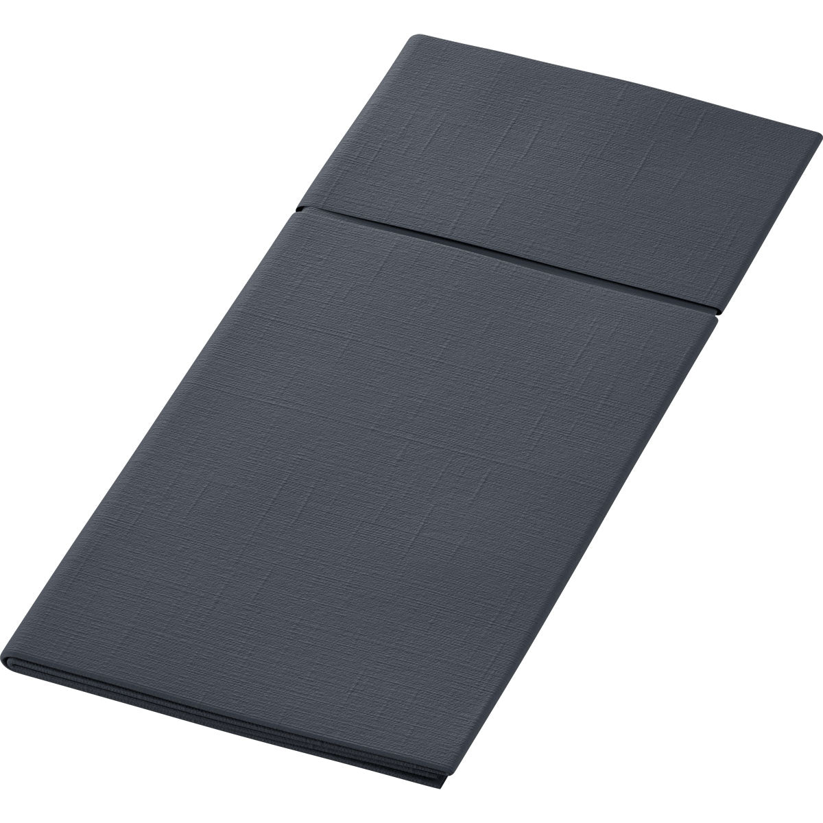 Egy tisztán hajtogatott 480 x 400 mm-es Duniletto paszpartu a Duni GmbH-tól sötétszürke színben, strukturált felülettel és látható hajtásokkal, egyszerű fehér háttéren ábrázolva - az ideális evőeszköztartó és stílusos asztali kiegészítő minden megterített asztalhoz.