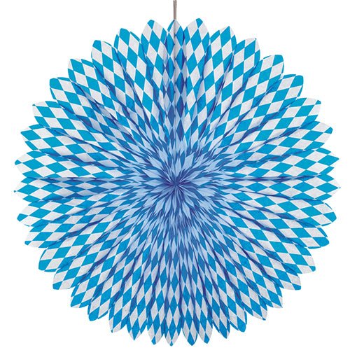 A PAPSTAR dekorációs legyező, Ø 75 cm, bajor kék színben, a PAPSTAR GmbH-tól, kék-fehér rombuszmintát mutat és nehezen gyúlékony anyagból készült - ideális az Oktoberfest dekorációjához.