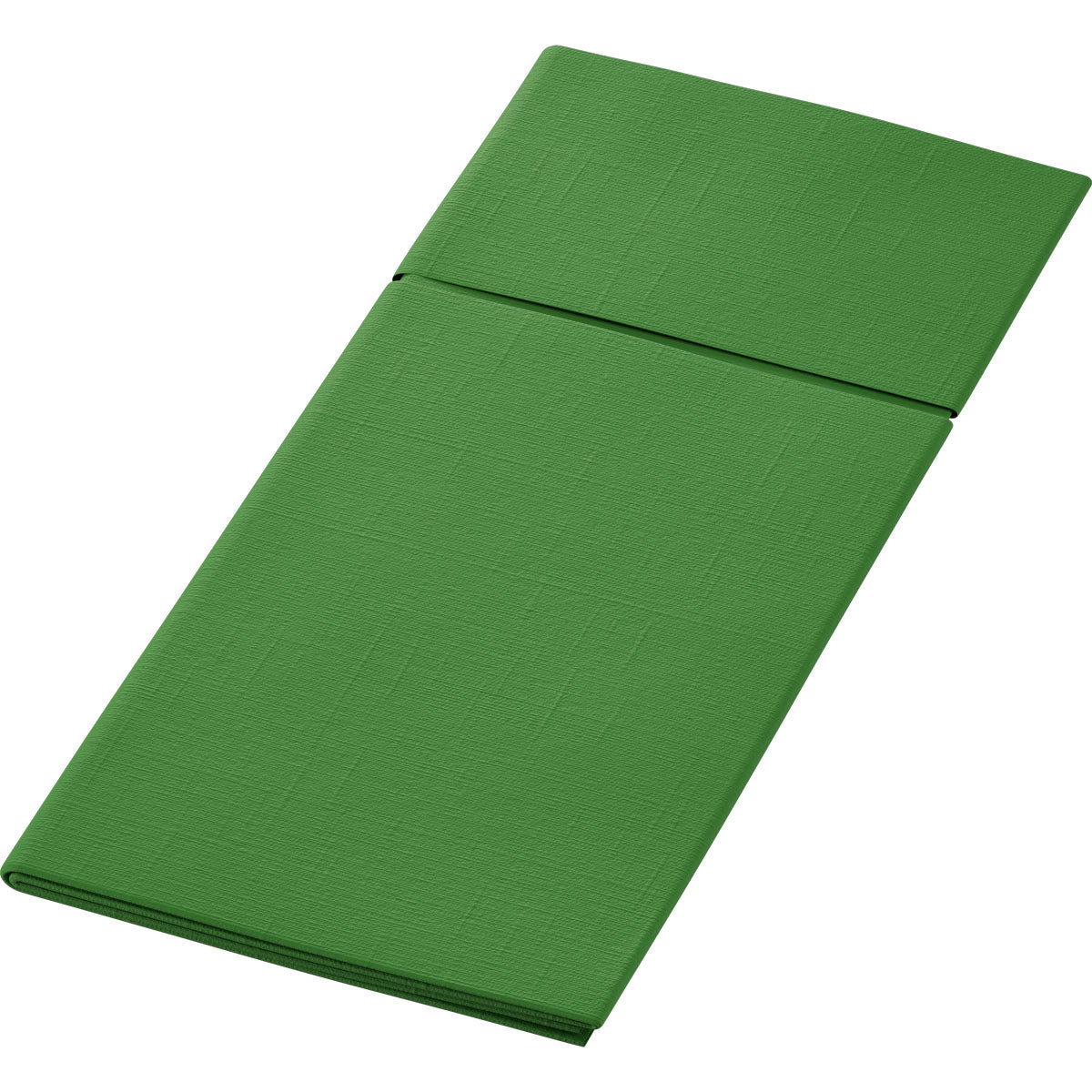 A Duni GmbH 480 x 400 mm-es Dunilettoja egy zöld, középen hajtott szalvéta, amely laposan látható fehér alapon - ideális asztali kiegészítőként vagy evőeszköztartóként az elegánsan megterített asztalhoz.