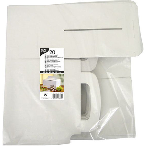 A PAPSTAR GmbH átlátszó csomagolása 20 lapos fehér „pure” karton ebéd-dobozt tartalmaz (12,5 x 15,5 x 22,5 cm) fogantyúval. A címke termékinformációkat, egy összeszerelt kartonképét mutatja, és kiemeli a környezetbarát kartont.