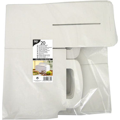 A PAPSTAR GmbH átlátszó csomagolása 20 lapos fehér „pure” karton ebéd-dobozt tartalmaz (12,5 x 15,5 x 22,5 cm) fogantyúval. A címke termékinformációkat, egy összeszerelt kartonképét mutatja, és kiemeli a környezetbarát kartont.