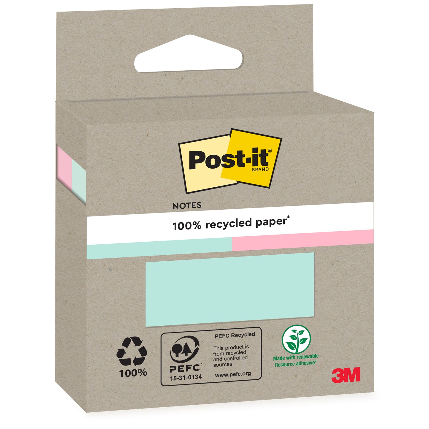 Egy doboz Post-it® újrahasznosított jegyzet (76 x 76 mm, 100 lap, 100 % PEFC) a 3M Deutschland GmbH-tól bézs színű külsővel rendelkezik, újrahasznosítási szimbólumokkal és Post-it márkajelzéssel.