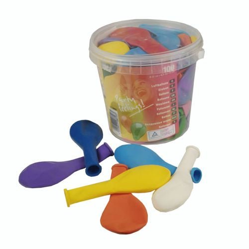 Egy PAPSTAR 100 léggömb Ø 25 cm kád a PAPSTAR GmbH-tól színes latex léggömbökkel van megtöltve, ahol elöl egy fehér felületen lila, kék, sárga, narancs és fehér léggömbök vannak ábrázolva.