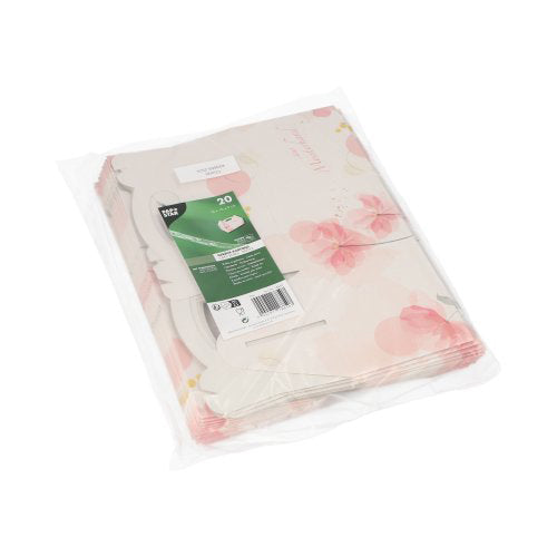 Egy átlátszó műanyag csomagolás 20 PAPSTAR süteményes dobozt tartalmaz kartonból, szögletes és rózsaszín fogantyúval. A PAPSTAR GmbH zöld címkéje termékinformációkat biztosít és elegáns bemutatást tesz lehetővé.