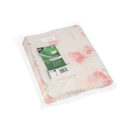 Egy átlátszó műanyag csomagolás 20 PAPSTAR süteményes dobozt tartalmaz kartonból, szögletes és rózsaszín fogantyúval. A PAPSTAR GmbH zöld címkéje termékinformációkat biztosít és elegáns bemutatást tesz lehetővé.