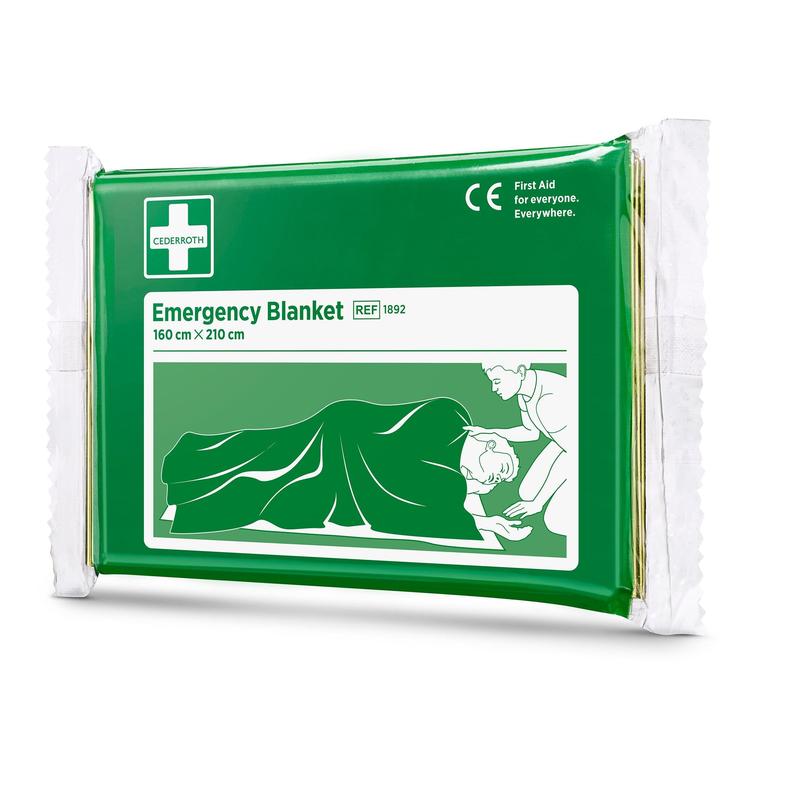 Egy zöld-fehér csomagolású Cederroth vészhelyzeti takaró (1 darab) az Orkla Wound Care AB-től, 160 x 210 cm, egy személyt ábrázoló illusztrációval, aki egy másikat takar be - egy nélkülözhetetlen darab minden elsősegély-felszereléshez.