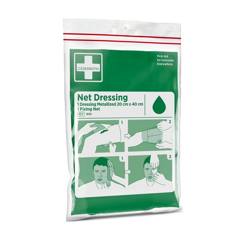Egy Cederroth hálókötés | Csomag (1 darab) az Orkla Wound Care AB-től zöld és fehér csomagolásban, illusztrált útmutatót mutat az elasztikus hálókötés alkalmazásához karon és fejen.