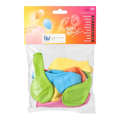 Egy átlátszó csomagolás a PAPSTAR GmbH-tól 10 színesen válogatott léggömböt (Ø 25 cm) tartalmaz. A címke színes léggömböket, termékrészleteket, a „Partyfeeling!” szlogent mutatja, és a kiváló anyagminőségre utal.