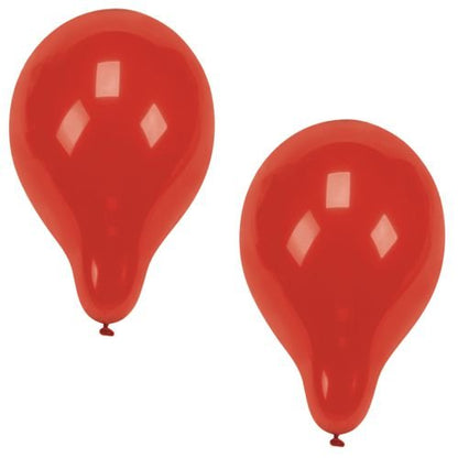 Két PAPSTAR 100 léggömb Ø 25 cm a PAPSTAR GmbH-tól piros csepp alakban lebeg egy egyszerű fehér háttér előtt, fényes felületük tükrözi a fényt – ideális minden parti tervezéséhez.