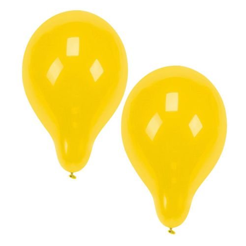 Két PAPSTAR 100 léggömb Ø 25 cm a PAPSTAR GmbH-tól ragyogó sárga színben, alul összekötve, egymás mellett állnak egyszerű fehér háttéren – ideális a következő parti tervezéséhez.