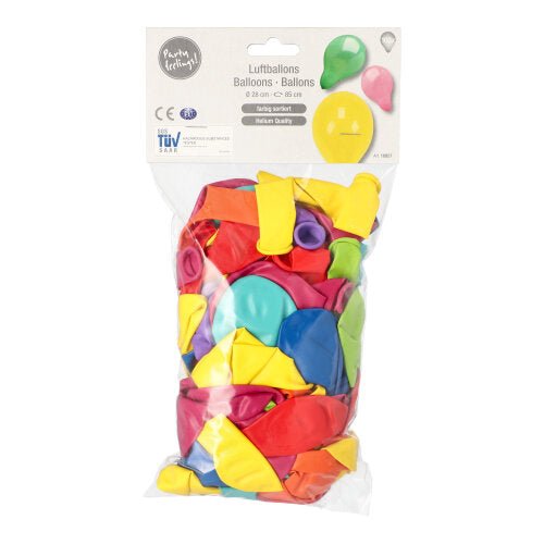 Egy átlátszó műanyag zacskó a PAPSTAR GmbH-tól 100 kerek, szín szerint válogatott felfújás nélküli léggömböt tartalmaz. A „Luftballons Balloons Ballons” címke léggömb képekkel és kiváló minőségű anyaggal tartós játékélményt biztosít.